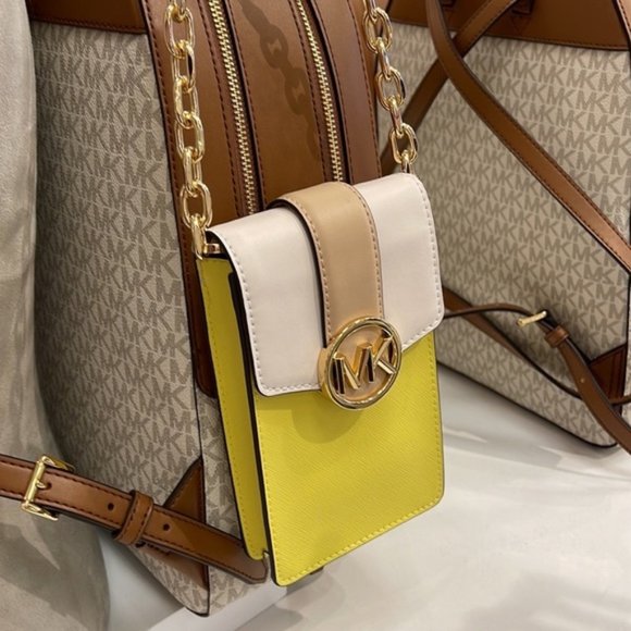 Michael Kors Carmen Small Color-Block Faux Leather Phone Crossbody Bag Sunshn